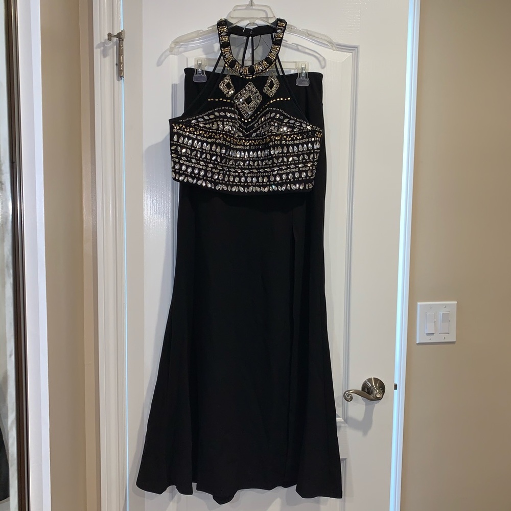 2 piece dress with rhinestone beaded top & slit